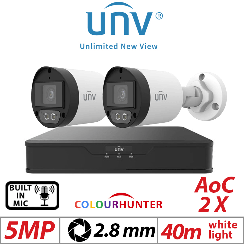 5MP 4CH UNIVIEW  KIT - 2X COLORHUNTER - 24/7 COLOR- HD FIXED MINI BULLET ANALOG CAMERA WHITE 2.8MM UAC-B125-AF28M-W