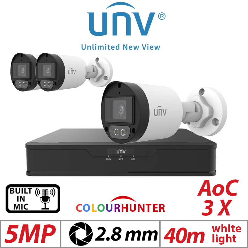 5MP 4CH UNIVIEW  KIT - 3X COLORHUNTER - 24/7 COLOR- HD FIXED MINI BULLET ANALOG CAMERA WHITE 2.8MM UAC-B125-AF28M-W