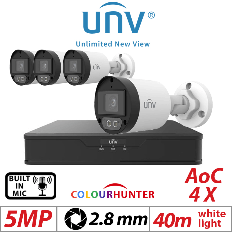 5MP 4CH UNIVIEW  KIT - 4X COLORHUNTER - 24/7 COLOR- HD FIXED MINI BULLET ANALOG CAMERA WHITE 2.8MM UAC-B125-AF28M-W