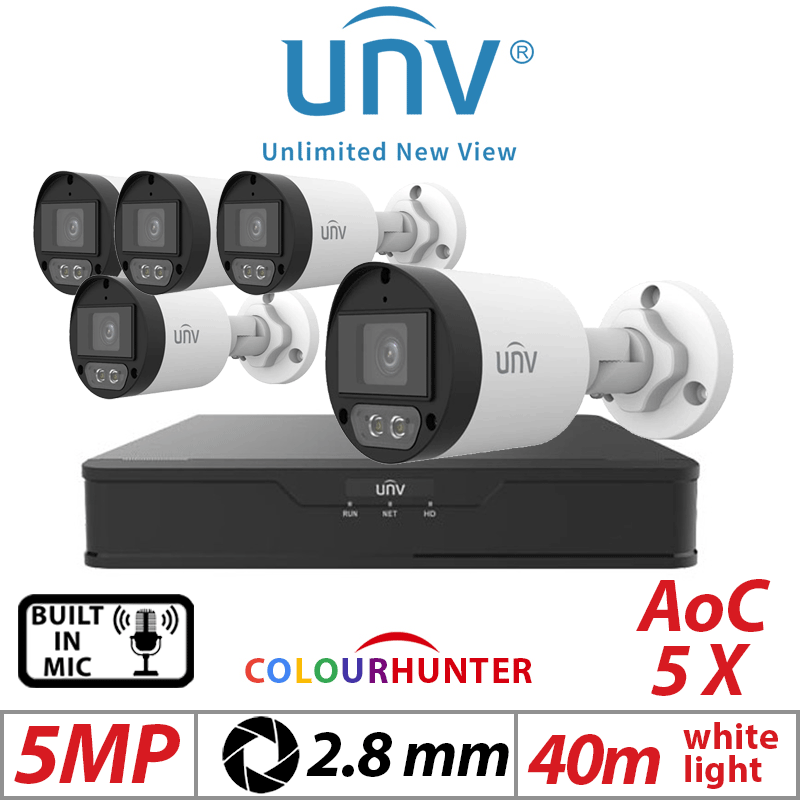 5MP 8CH UNIVIEW  KIT - 5X COLORHUNTER - 24/7 COLOR- HD FIXED MINI BULLET ANALOG CAMERA WHITE 2.8MM UAC-B125-AF28M-W