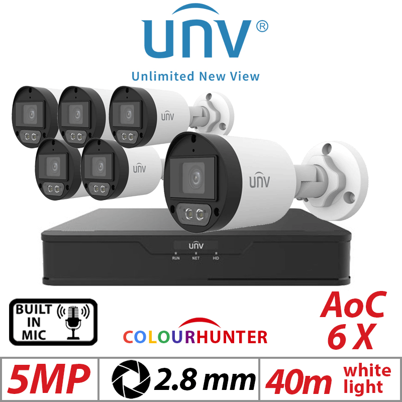 5MP 8CH UNIVIEW  KIT - 6X COLORHUNTER - 24/7 COLOR- HD FIXED MINI BULLET ANALOG CAMERA WHITE 2.8MM UAC-B125-AF28M-W