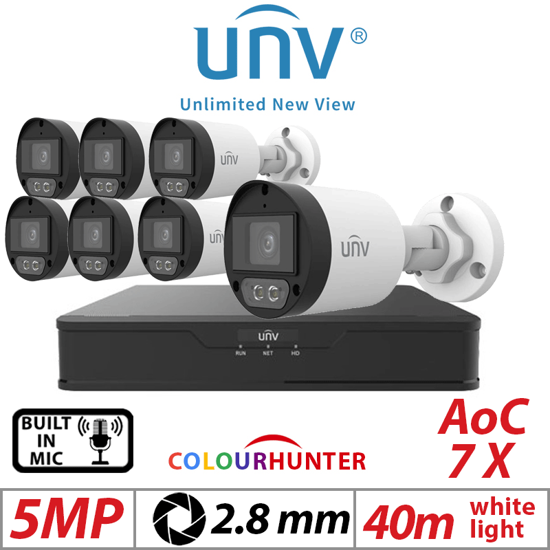 5MP 8CH UNIVIEW  KIT - 7X COLORHUNTER - 24/7 COLOR- HD FIXED MINI BULLET ANALOG CAMERA WHITE 2.8MM UAC-B125-AF28M-W