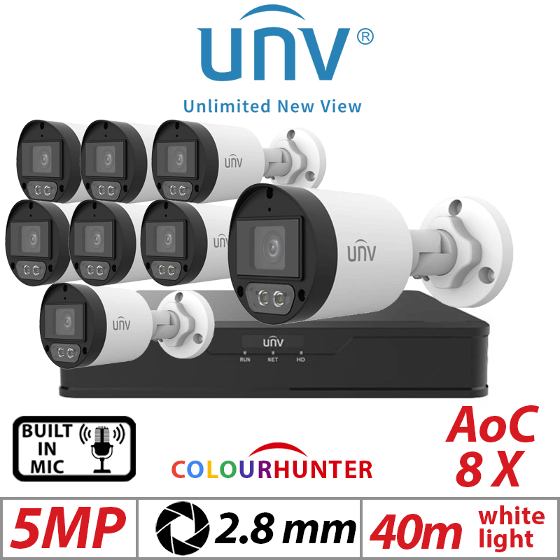 5MP 8CH UNIVIEW  KIT - 8X COLORHUNTER - 24/7 COLOR- HD FIXED MINI BULLET ANALOG CAMERA WHITE 2.8MM UAC-B125-AF28M-W