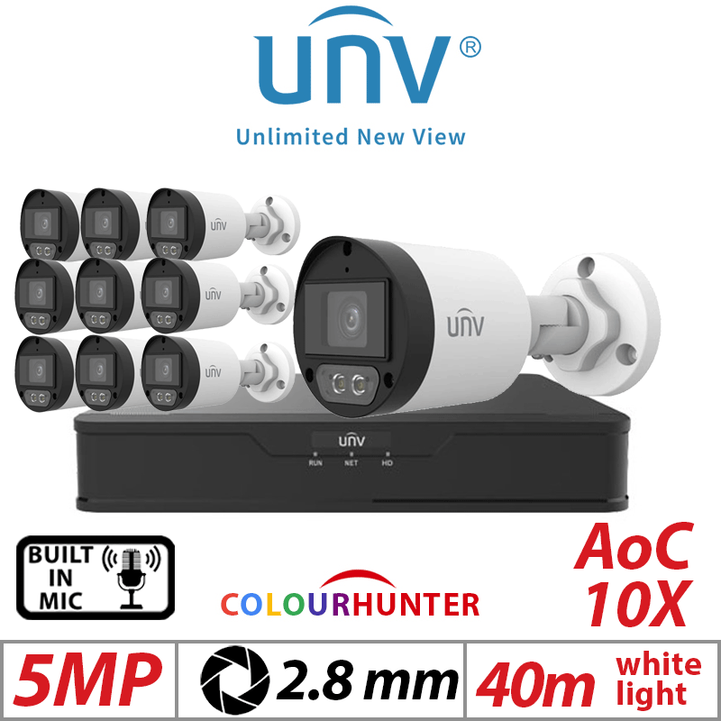 5MP 16CH UNIVIEW  KIT - 10X COLORHUNTER - 24/7 COLOR- HD FIXED MINI BULLET ANALOG CAMERA WHITE 2.8MM UAC-B125-AF28M-W