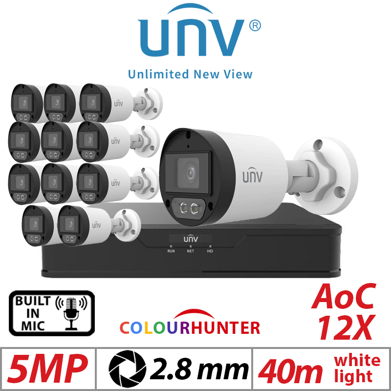 5MP 16CH UNIVIEW  KIT - 12X COLORHUNTER - 24/7 COLOR- HD FIXED MINI BULLET ANALOG CAMERA WHITE 2.8MM UAC-B125-AF28M-W