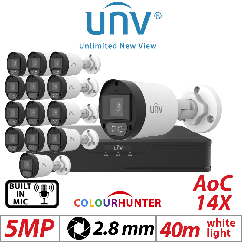 5MP 16CH UNIVIEW  KIT - 14X COLORHUNTER - 24/7 COLOR- HD FIXED MINI BULLET ANALOG CAMERA WHITE 2.8MM UAC-B125-AF28M-W