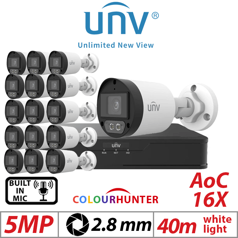 5MP 16CH UNIVIEW  KIT - 16X COLORHUNTER - 24/7 COLOR- HD FIXED MINI BULLET ANALOG CAMERA WHITE 2.8MM UAC-B125-AF28M-W