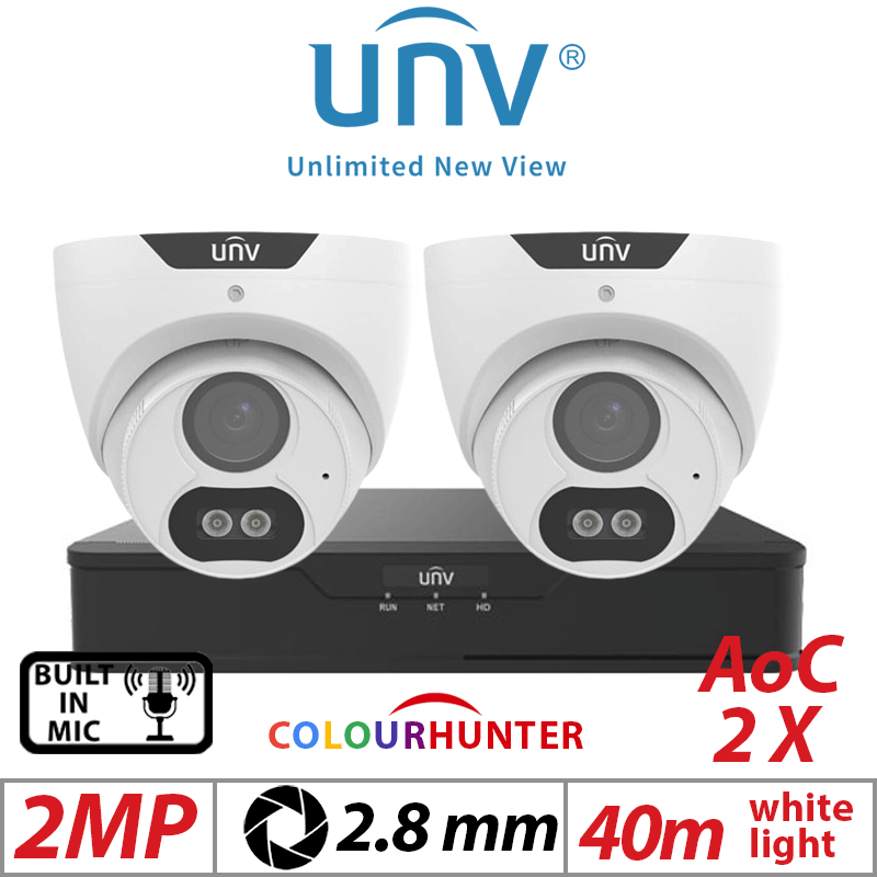 2MP 4CH UNIVIEW  KIT - 2X COLORHUNTER - 24/7 COLOR IMAGES - BUILT-IN MIC - HD FIXED TURRET ANALOG CAMERA WHITE 2.8MM UAC-T122-AF28M-W