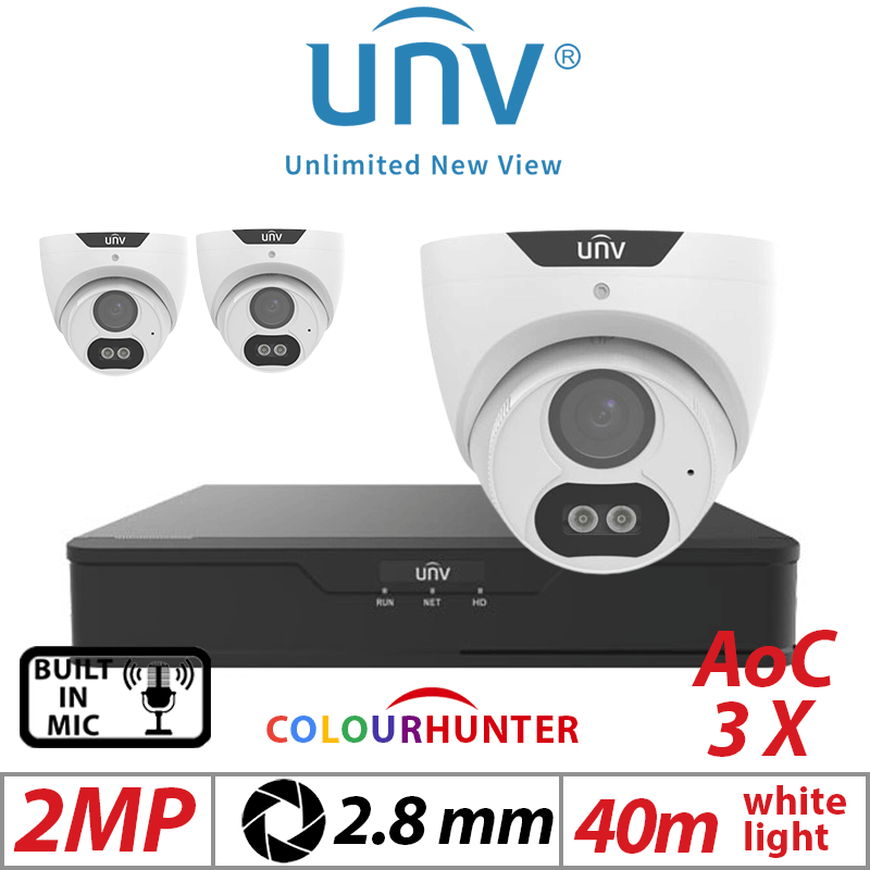 2MP 4CH UNIVIEW  KIT - 3X COLORHUNTER - 24/7 COLOR IMAGES - BUILT-IN MIC - HD FIXED TURRET ANALOG CAMERA WHITE 2.8MM UAC-T122-AF28M-W