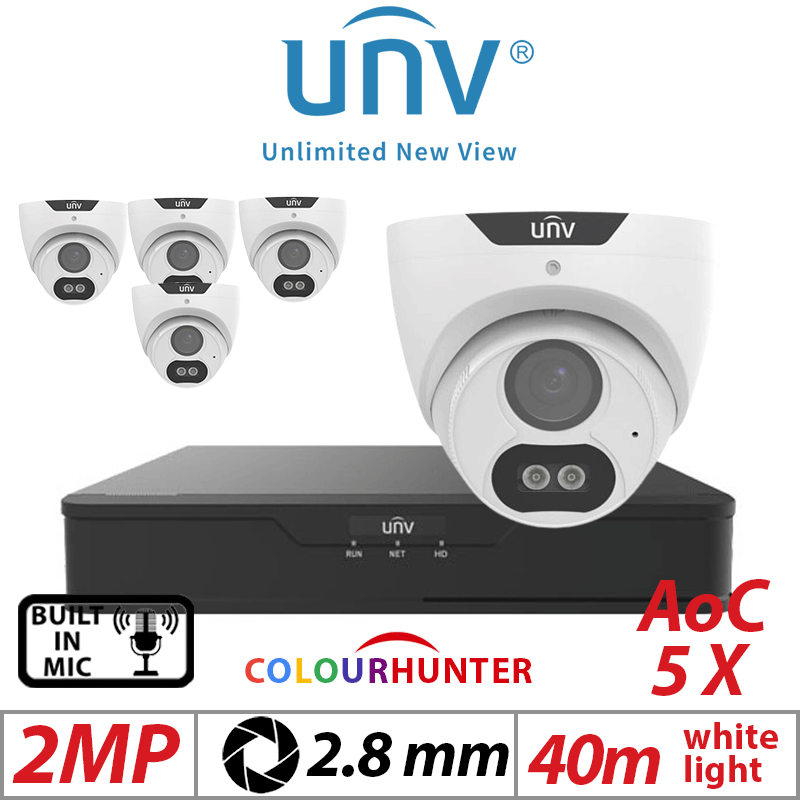 2MP 8CH UNIVIEW  KIT - 5X COLORHUNTER - 24/7 COLOR IMAGES - BUILT-IN MIC - HD FIXED TURRET ANALOG CAMERA WHITE 2.8MM UAC-T122-AF28M-W