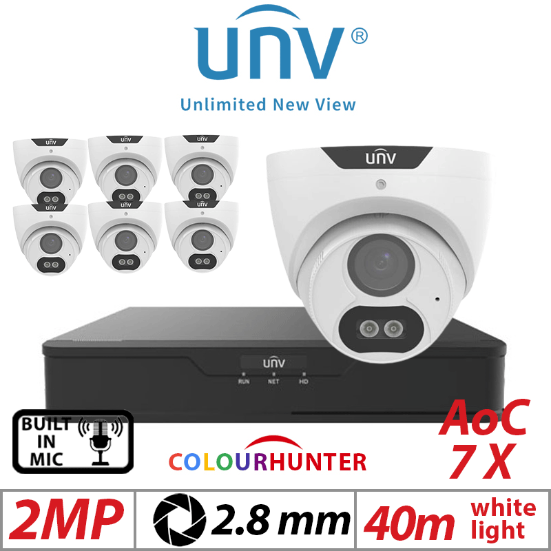 2MP 8CH UNIVIEW  KIT - 7X COLORHUNTER - 24/7 COLOR IMAGES - BUILT-IN MIC - HD FIXED TURRET ANALOG CAMERA WHITE 2.8MM UAC-T122-AF28M-W