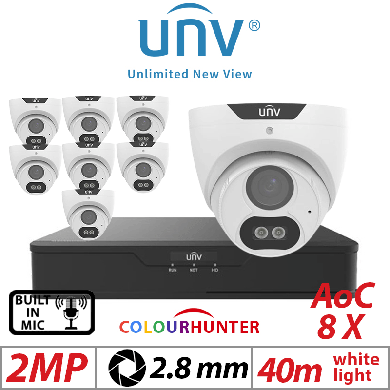 2MP 16CH UNIVIEW  KIT - 8X COLORHUNTER - 24/7 COLOR IMAGES - BUILT-IN MIC - HD FIXED TURRET ANALOG CAMERA WHITE 2.8MM UAC-T122-AF28M-W