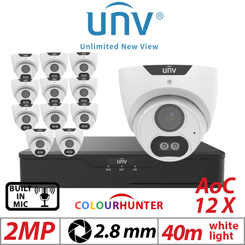 2MP 16CH UNIVIEW  KIT - 12X COLORHUNTER - 24/7 COLOR IMAGES - BUILT-IN MIC - HD FIXED TURRET ANALOG CAMERA WHITE 2.8MM UAC-T122-AF28M-W