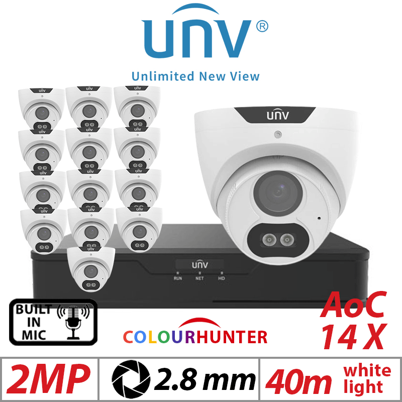 2MP 16CH UNIVIEW  KIT - 14X COLORHUNTER - 24/7 COLOR IMAGES - BUILT-IN MIC - HD FIXED TURRET ANALOG CAMERA WHITE 2.8MM UAC-T122-AF28M-W