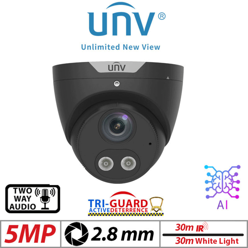 ‌‌‌5MP UNIVIEW TRI-GUARD COLORHUNTER - 24/7 COLOUR - HD IR TURRET NETWORK CAMERA WITH LIGHT, AUDIBLE WARNING AND DEEP LEARNING ARTIFICIAL INTELLIGENCE 2.8MM BLACK IPC3615SB-ADF28KMC-I0