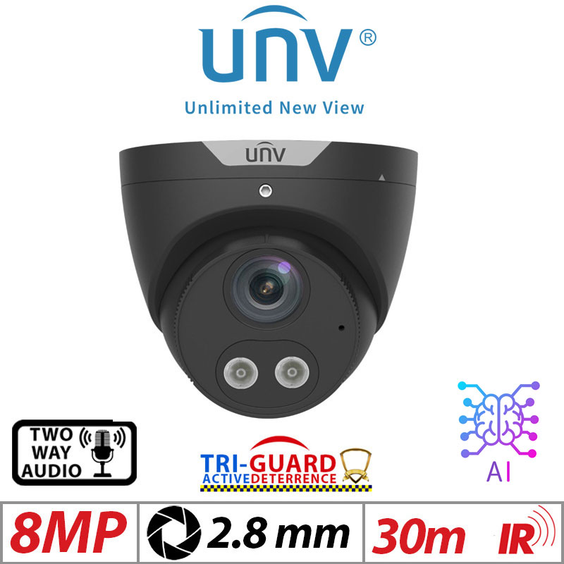 ‌‌8MP UNIVIEW TRI-GUARD COLORHUNTER - 24/7 COLOUR - HD IR TURRET NETWORK CAMERA WITH LIGHT, AUDIBLE WARNING AND DEEP LEARNING ARTIFICIAL INTELLIGENCE 2.8MM BLACK G1-UNV-IPC3618SB-ADF28KMC-I0-BLACK GRADED ITEM