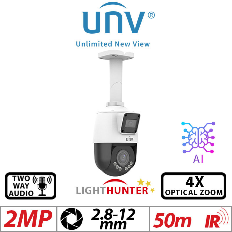 ‌2X2MP UNIVIEW LIGHTHUNTER 4X OPTICAL ZOOM NETWORK PTZ CAMERA WITH DEEP LEARNING ARTIFICIAL INTELLIGENCE AND 2 WAY AUDIO 2.8 AND 2.8-12MM IR AND WARM LIGHT ILLUMINATION IPC9312LFW-AF28-2X4