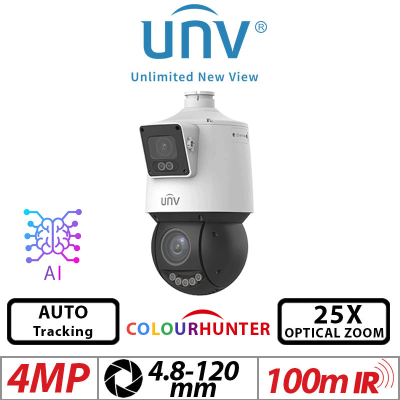 ‌‌2X4MP UNIVIEW COLORHUNTER 25X OPTICAL ZOOM AUTO TRACKING NETWORK PTZ CAMERA  WITH DEEP LEARNING ARTIFICIAL INTELLIGENCE 4 AND 4.8-120MM IR AND WARM LIGHT ILLUMINATION IPC94144SFW-X25-F40C