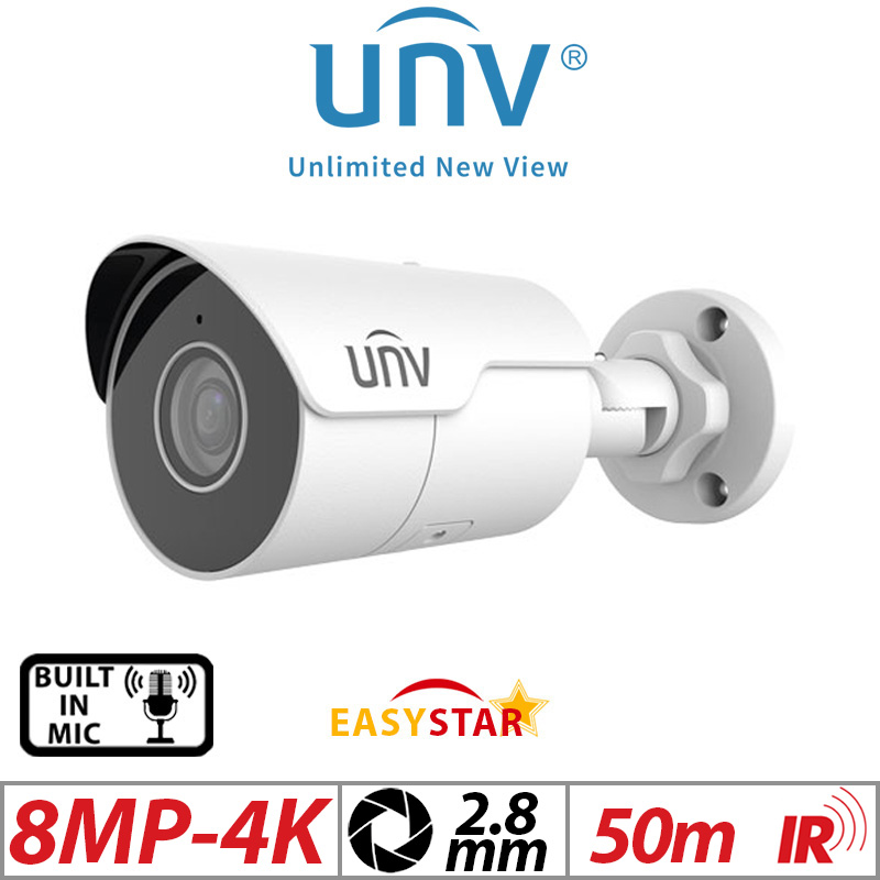 ‌‌‌8MP 4K UNIVIEW EASYSTAR HD MINI IR BULLET NETWORK CAMERA WITH BUILT IN MIC 2.8MM IPC2128LE-ADF28KM-G