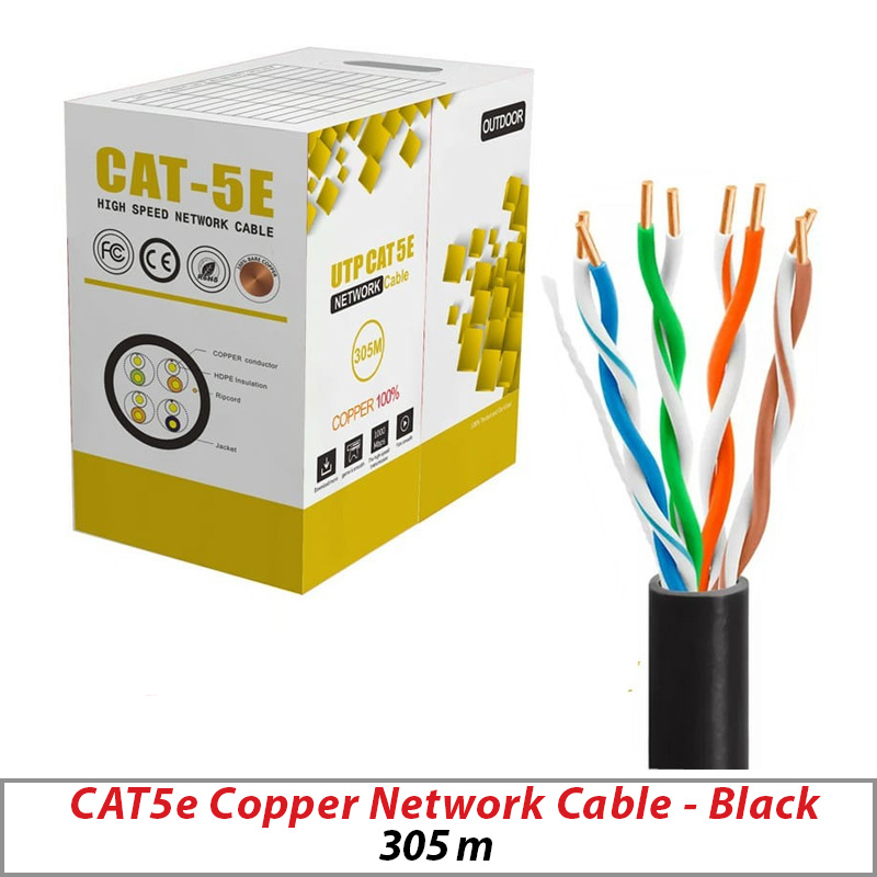 CAT5E- 305M ROLL CABLE BLACK OUTDOOR SOLID COPPER