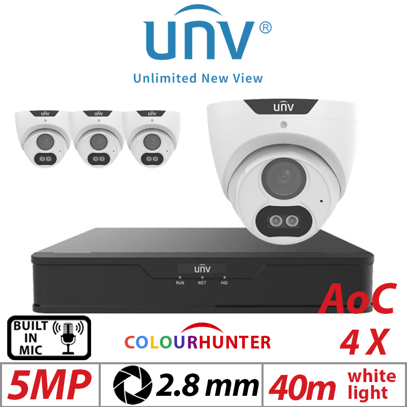 5MP 8CH UNIVIEW KIT - 4X COLOURTHUNTER FIXED TURRET ANALOG CAMERA 2.8MM UAC-T125-AF28M-W