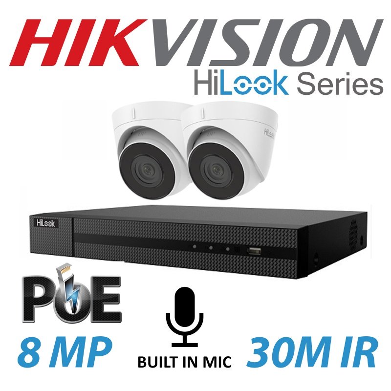 8MP 4CH HIKVISION HILOOK IP POE BUILT IN MIC SYSTEM NVR 2X TURRET CAMERA KIT