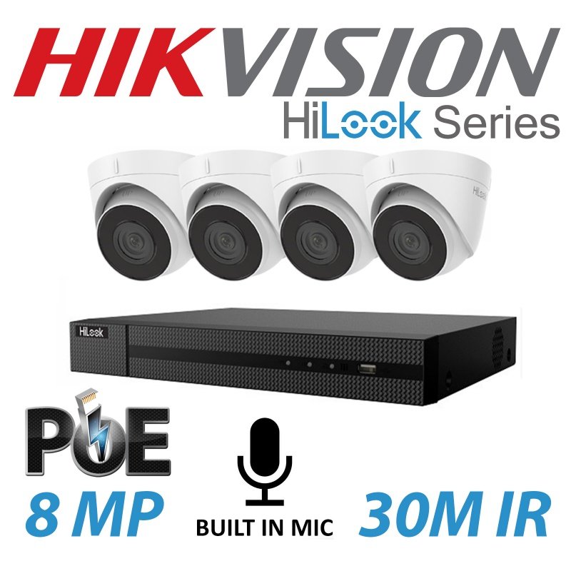 8MP 8CH HIKVISION HILOOK IP POE BUILT IN MIC SYSTEM NVR 4X TURRET CAMERA KIT