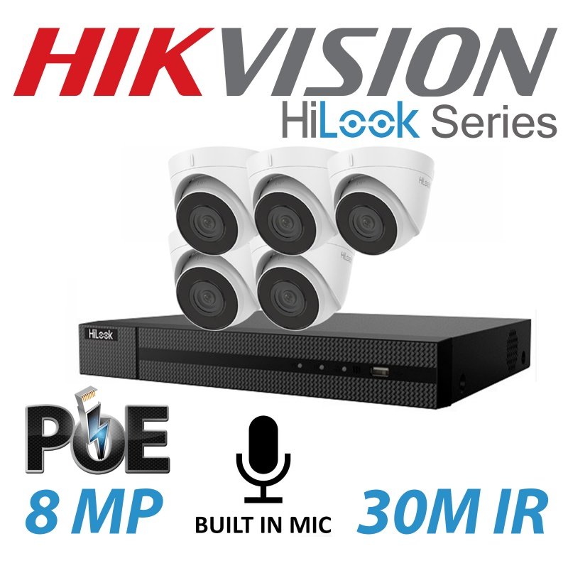 8MP 8CH HIKVISION HILOOK IP POE BUILT IN MIC SYSTEM NVR 5X TURRET CAMERA KIT
