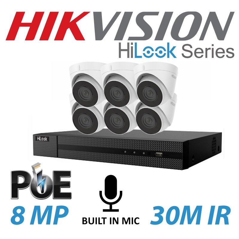 8MP 8CH HIKVISION HILOOK IP POE BUILT IN MIC SYSTEM NVR 6X TURRET CAMERA KIT