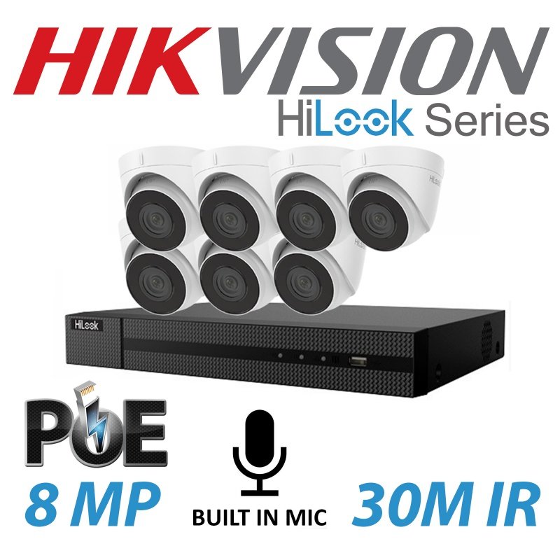 8MP 8CH HIKVISION HILOOK IP POE BUILT IN MIC SYSTEM NVR 7X TURRET CAMERA KIT