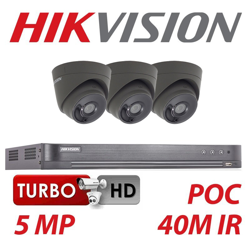 5MP HIKVISION POC SYSTEM 3X CAMERAS WITH BNC CABLE KIT GREY