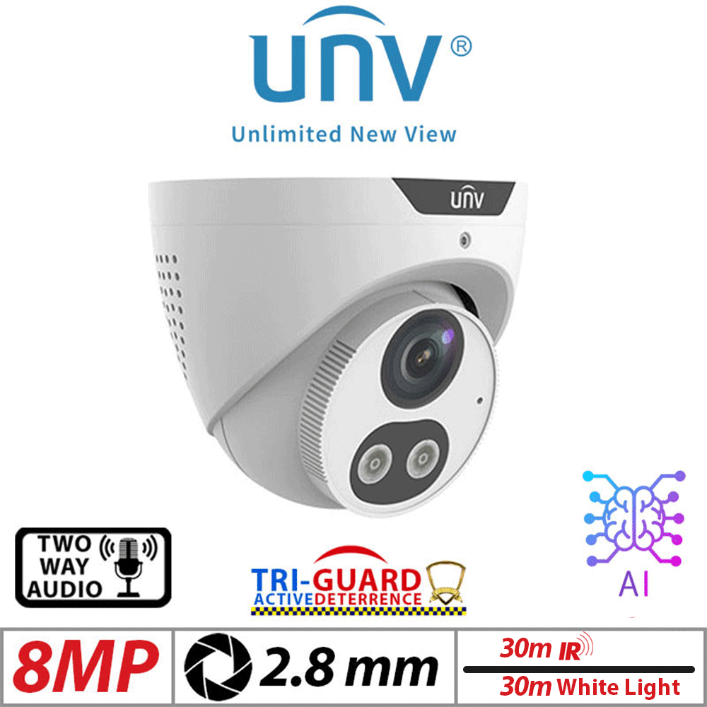 ‌‌8MP UNIVIEW TRI-GUARD COLORHUNTER - 24/7 COLOUR - HD IR TURRET NETWORK CAMERA WITH LIGHT, AUDIBLE WARNING AND DEEP LEARNING ARTIFICIAL INTELLIGENCE 2.8MM IPC3618SB-ADF28KMC-I0