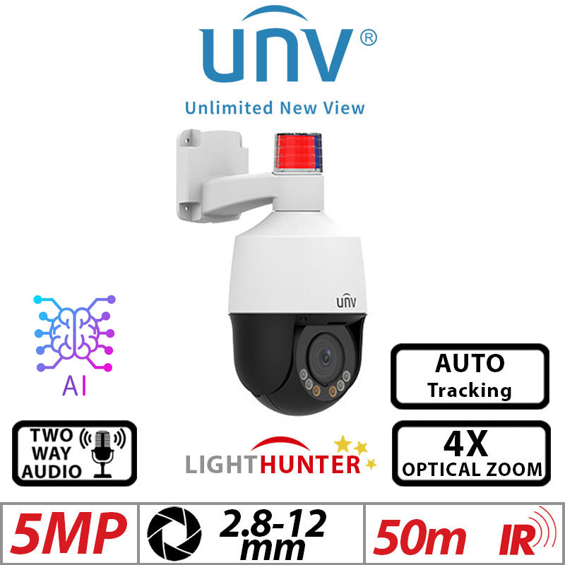 ‌‌5MP UNIVIEW LIGHTHUNTER ACTIVE DETERRENCE 4X OPTICAL ZOOM MINI AUTO TRACKING NETWORK PTZ CAMERA WITH DEEP LEARNING ARTIFICIAL INTELLIGENCE AND 2 WAY AUDIO 2.8-12MM  IR AND WARM LIGHT IPC675LFW-AX4DUPKC-VG